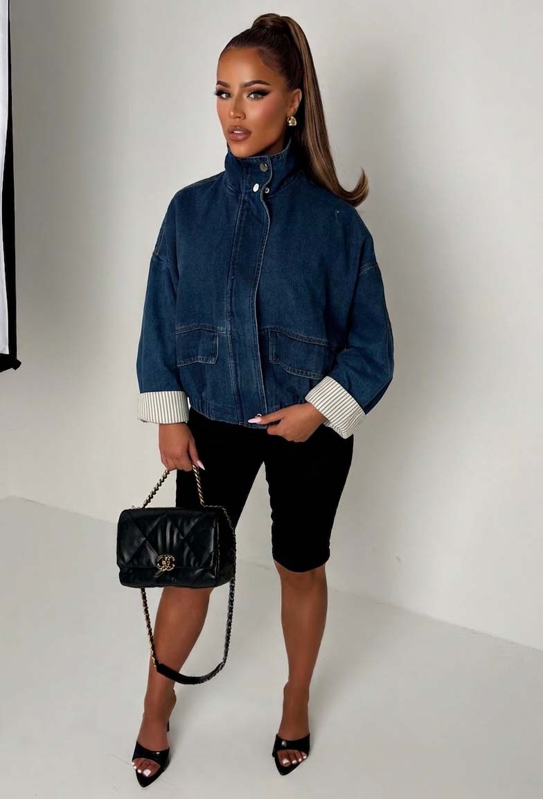 Millie Mid Blue Funnel Neck Denim Jacket