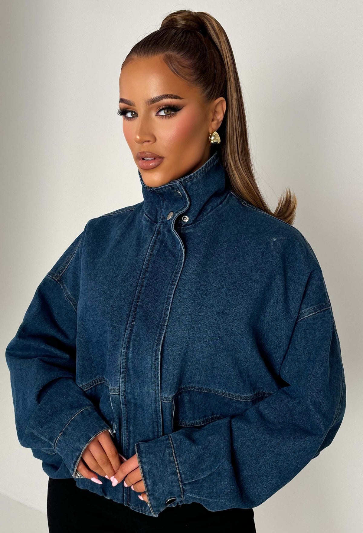 Millie Mid Blue Funnel Neck Denim Jacket