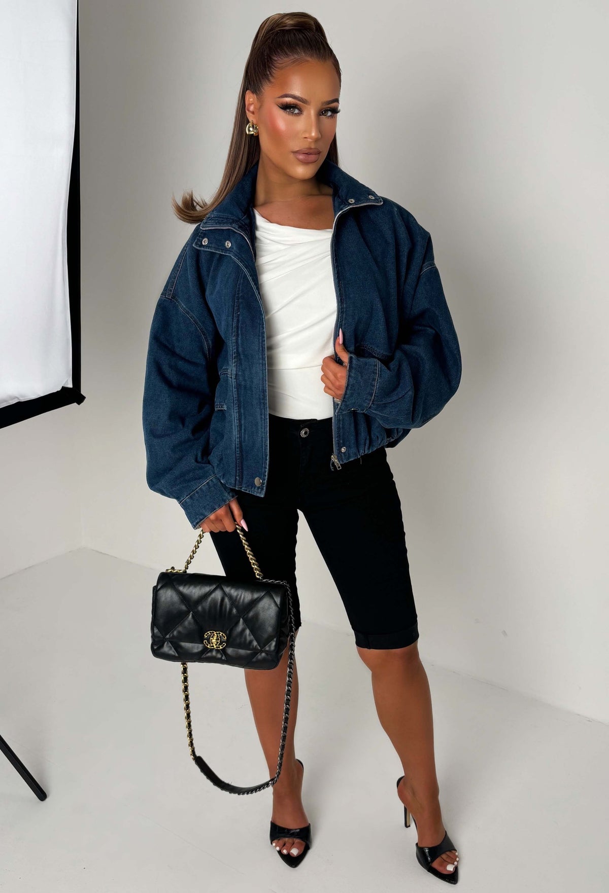 Millie Mid Blue Funnel Neck Denim Jacket