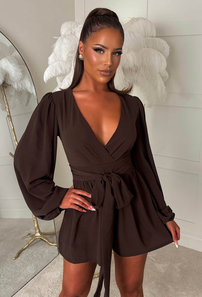 Monte Carlo Chocolate Brown Long Sleeve Wrap Playsuit