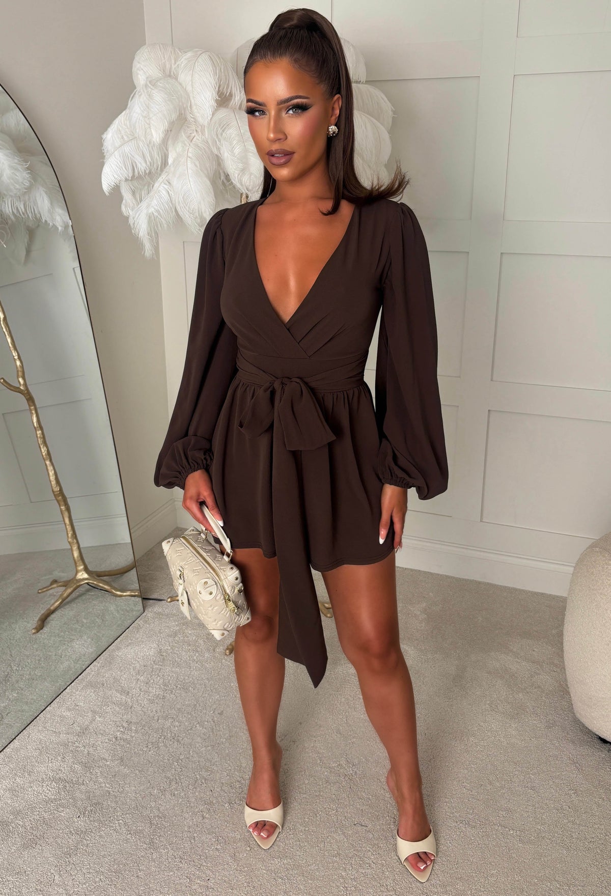 Monte Carlo Chocolate Brown Long Sleeve Wrap Playsuit