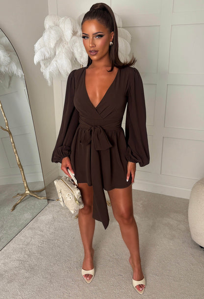 Monte Carlo Chocolate Brown Long Sleeve Wrap Playsuit