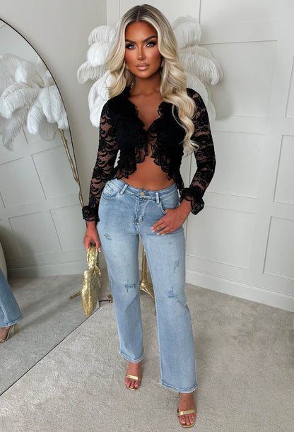 Naughty Noir Black Lace Frill Lined Top