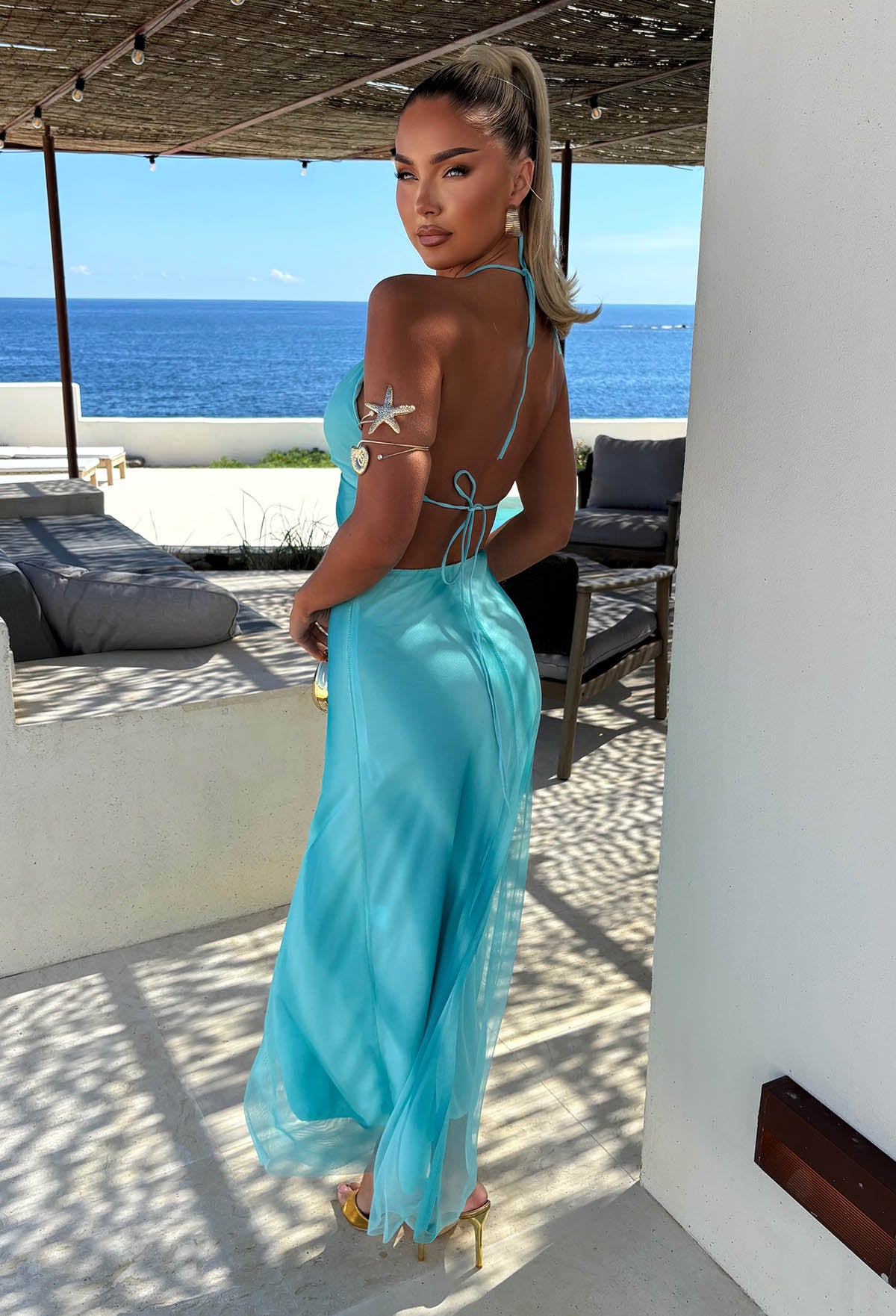 Ocean Beach Babe Blue Halter Neck Mesh Maxi Dress