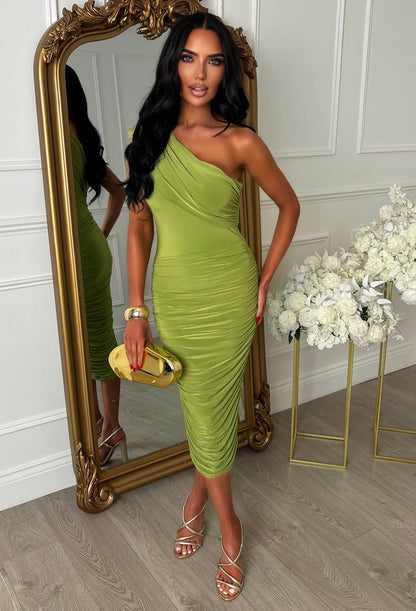 Oh So Effortless Lime One Shoulder Bardot Ruched Midi Dress