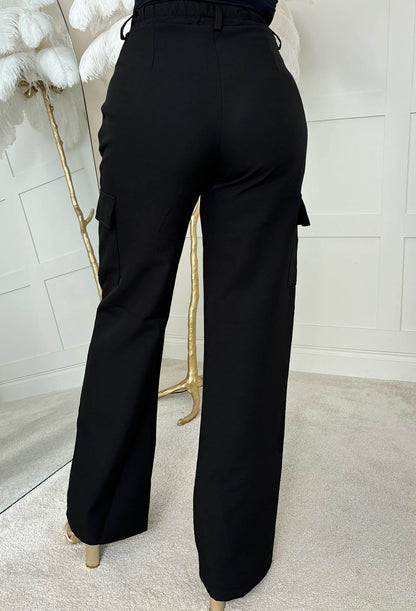 On My Terms Black Straight Leg Cargo Elasticated Trousers