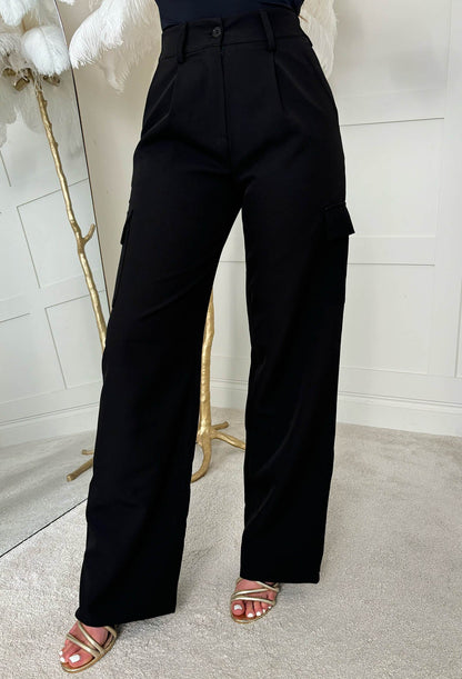 On My Terms Black Straight Leg Cargo Elasticated Trousers