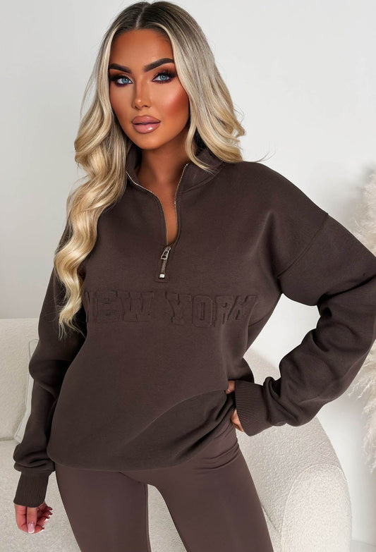 On The Move Chocolate Brown Half Zip Sweatshirt