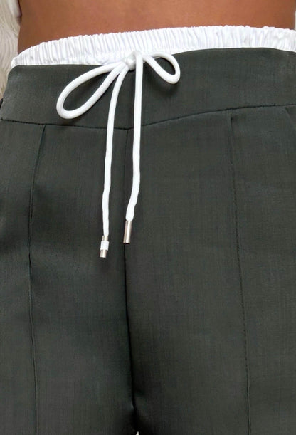 One Step More Khaki Contrast Waistband Trousers
