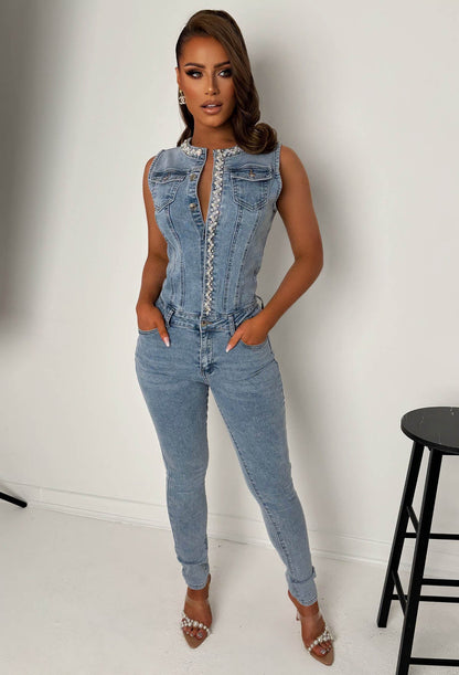 Pearl Destiny Mid Blue Stretch Denim Pearl Jumpsuit