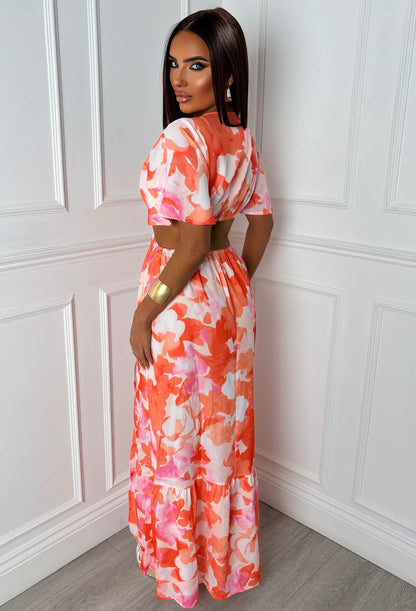 Peekaboo Charm Orange Ring Front Side Cut Out Split Leg Maxi Dress