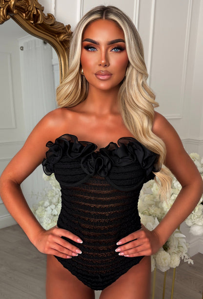 Petal Flounce Black Ruffle Bandeau Bodysuit