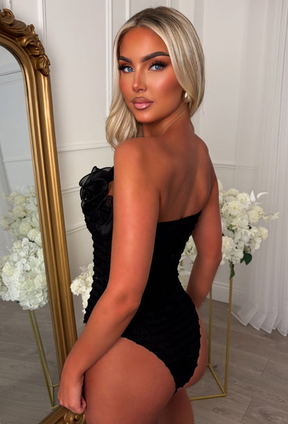 Petal Flounce Black Ruffle Bandeau Bodysuit