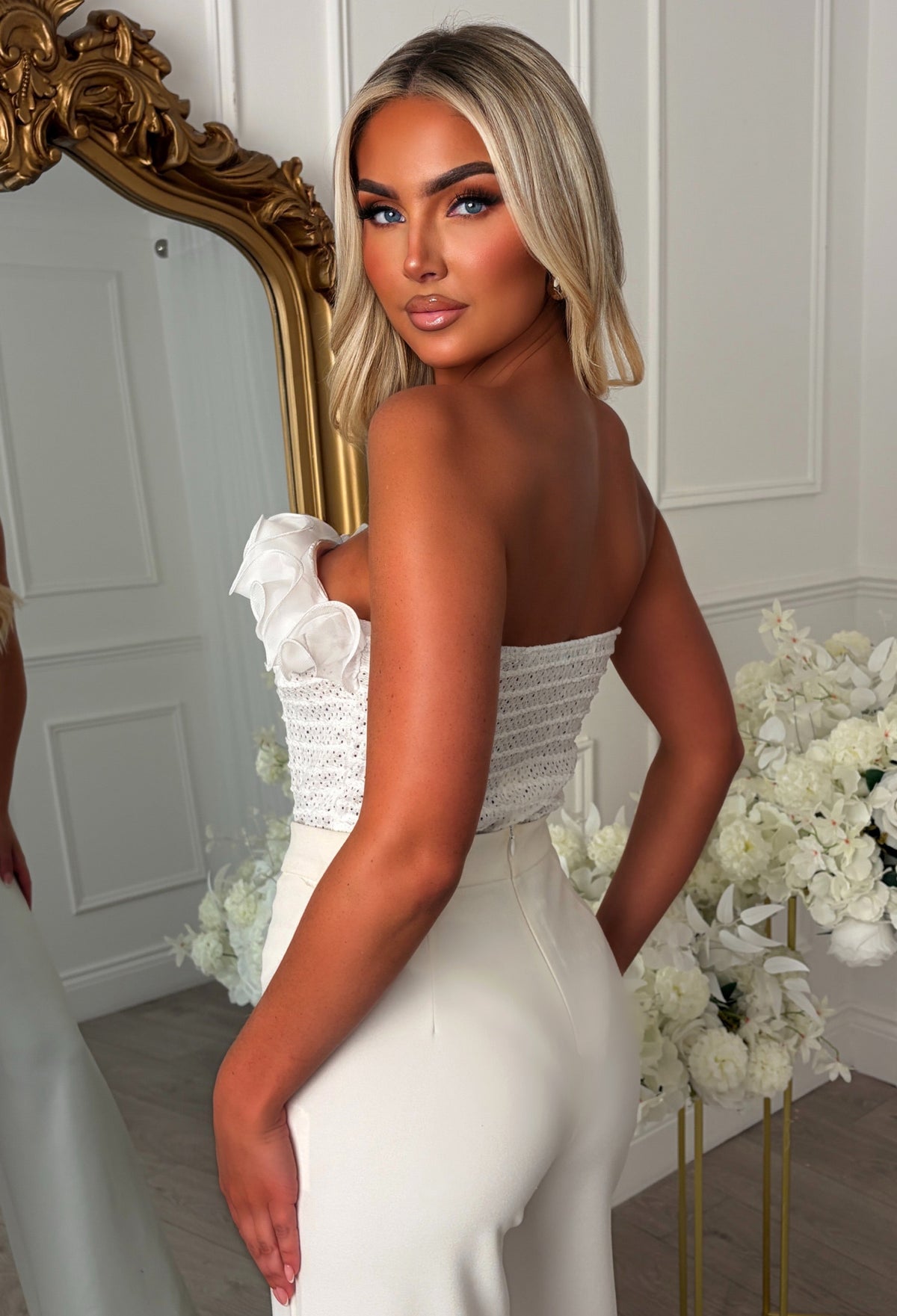 Petal Flounce White Ruffle Bandeau Bodysuit
