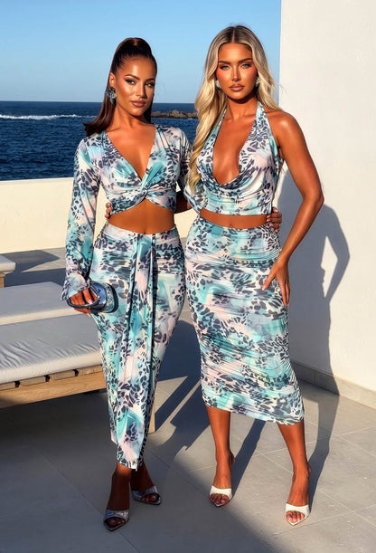 Pretty Gal Blue Leopard Print Knot Front Top & Skirt Co-Ord Set