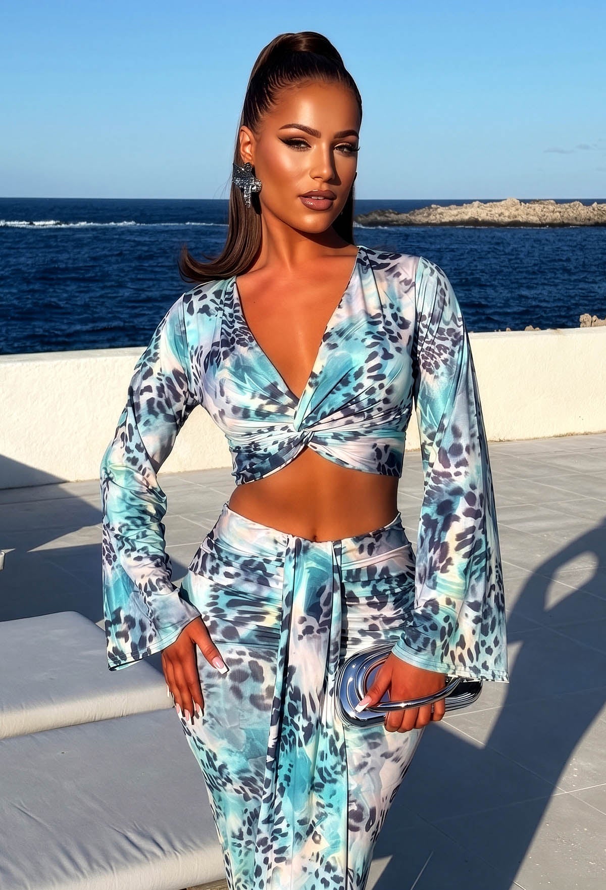 Pretty Gal Blue Leopard Print Knot Front Top & Skirt Co-Ord Set
