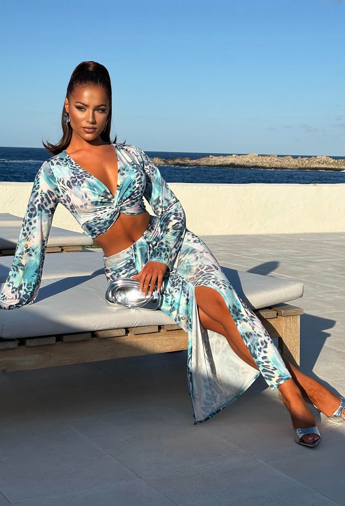 Pretty Gal Blue Leopard Print Knot Front Top & Skirt Co-Ord Set