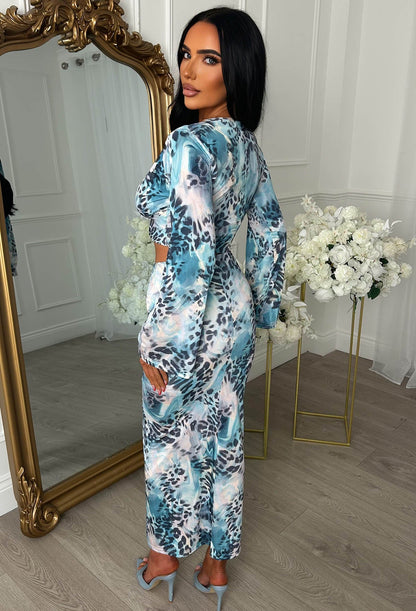 Pretty Gal Blue Leopard Print Knot Front Top & Skirt Co-Ord Set