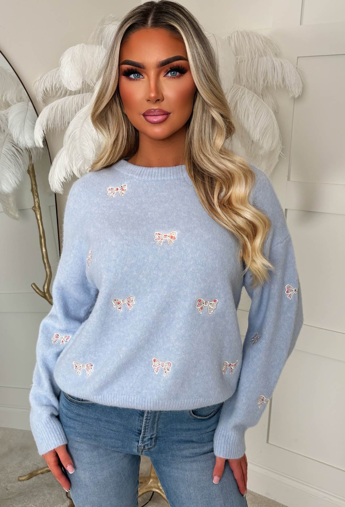 Pretty In Bows Light Blue Bow Crew Neck Jumper