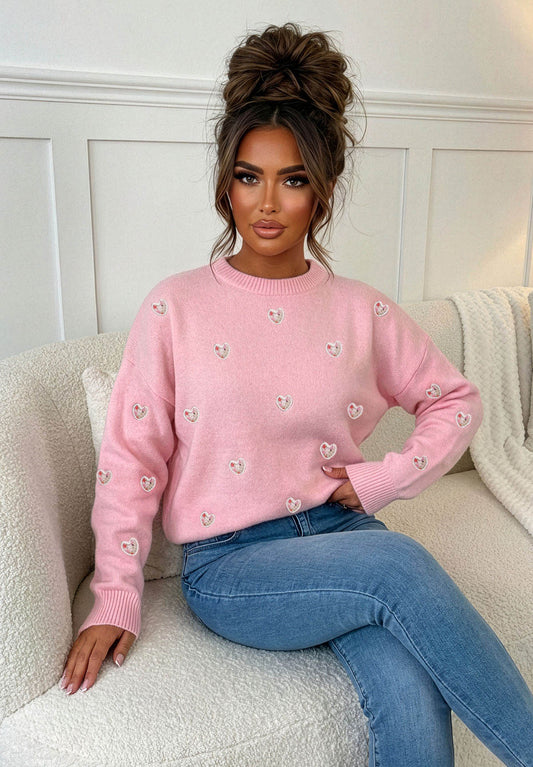 Pretty In Love Light Pink Heart Crew Neck Jumper