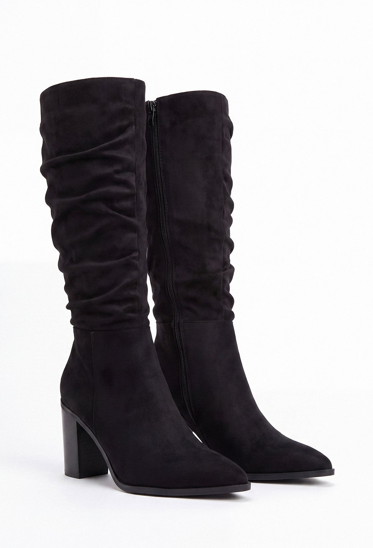 Quick Step Black Faux Suede Ruched Block Heel Boot