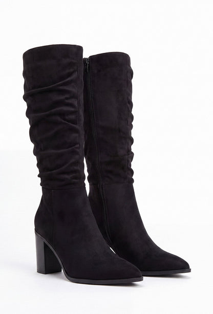 Quick Step Black Faux Suede Ruched Block Heel Boot