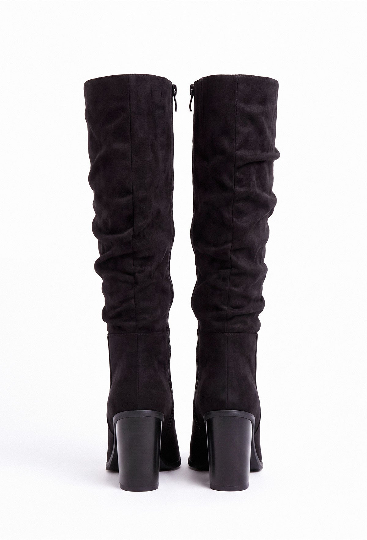 Quick Step Black Faux Suede Ruched Block Heel Boot