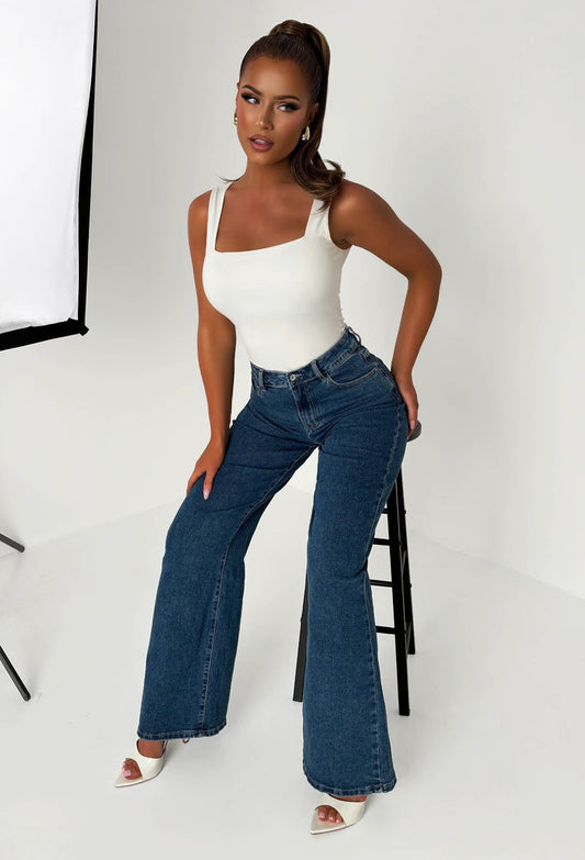 Rae Dark Wash Super Stretchy Flared Wide Leg Jeans
