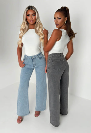 Rae Mid Wash Super-Stretchy Flared Wide Leg Jeans