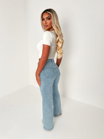 Rae Mid Wash Super-Stretchy Flared Wide Leg Jeans