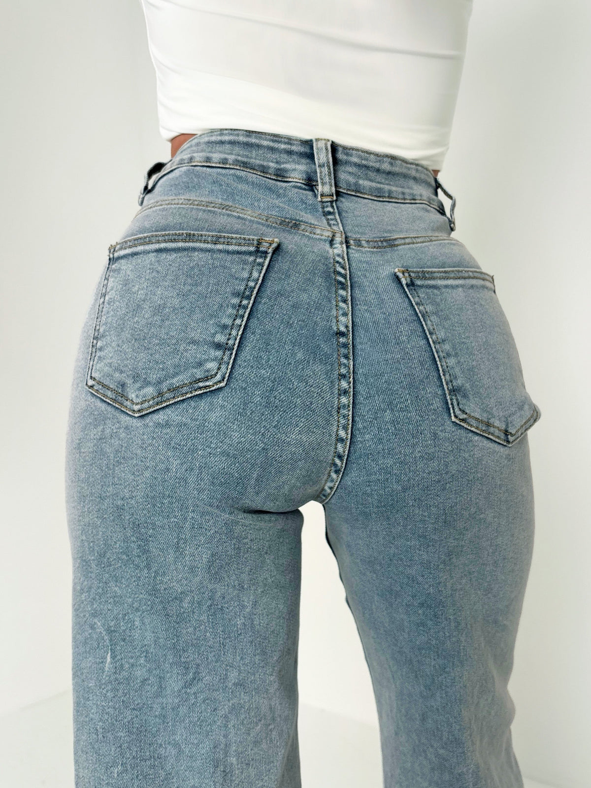 Rae Mid Wash Super-Stretchy Flared Wide Leg Jeans