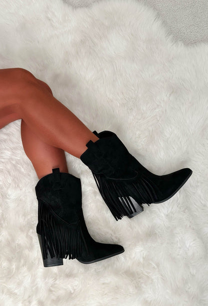 Ride Em Cowboy Black Faux Suede Tassel Boots