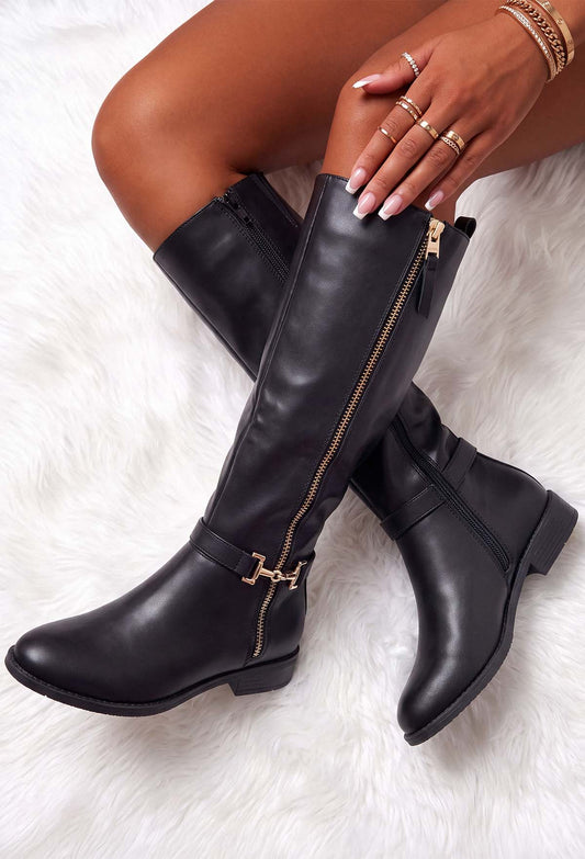 Riding Solo Black Faux Leather Gold Trim Riding Boot