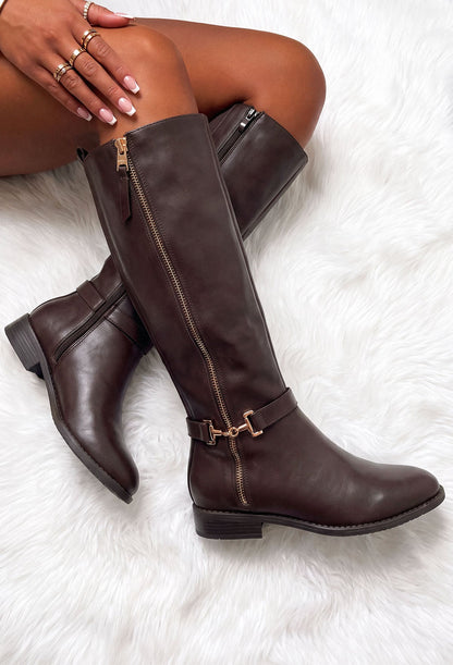 Riding Solo Brown Faux Leather Gold Trim Riding Boot