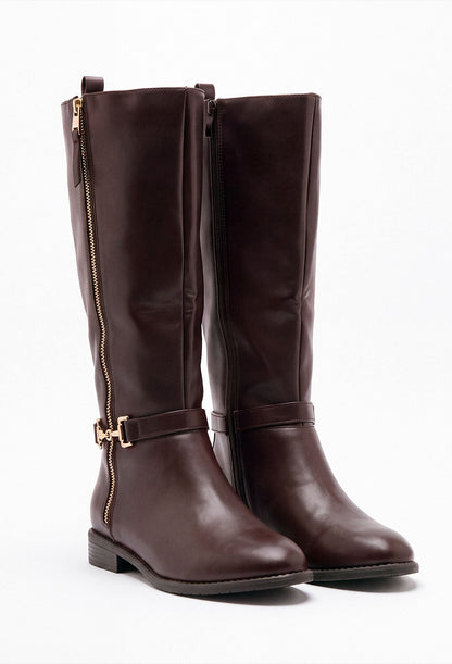 Riding Solo Brown Faux Leather Gold Trim Riding Boot