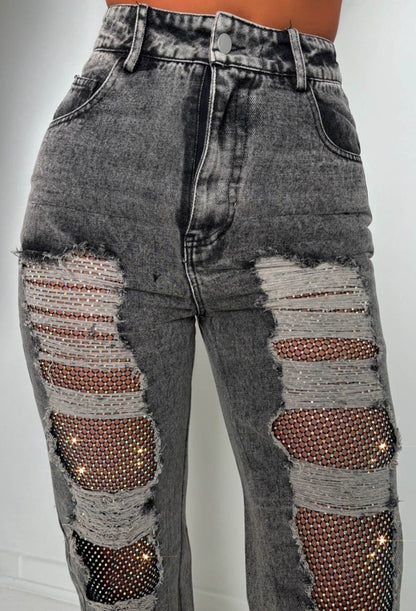 Ripped & Ready Black Ripped Jeans With Diamante Mesh