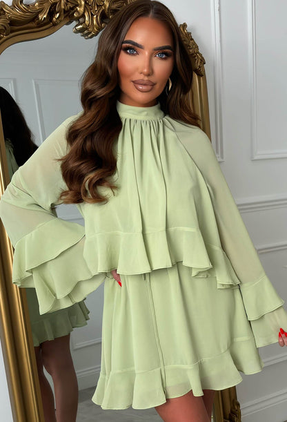Romantic Frills Green Frill Georgette Dress