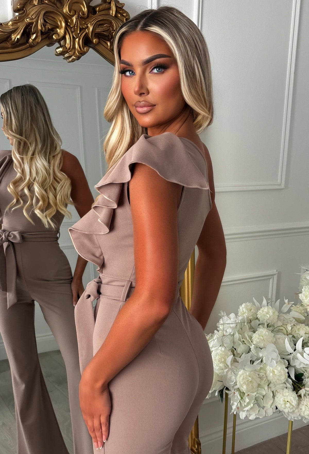 Rosabella Taupe One Shoulder Frill Front Jumpsuit
