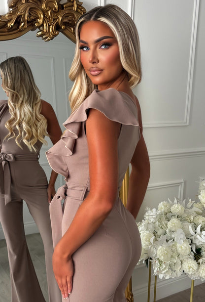 Rosabella Taupe One Shoulder Frill Front Jumpsuit