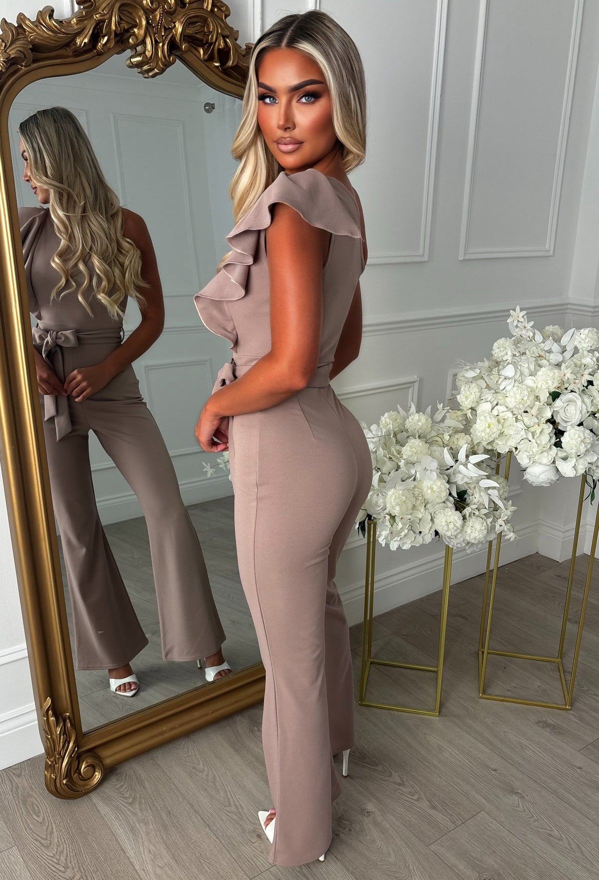 Rosabella Taupe One Shoulder Frill Front Jumpsuit