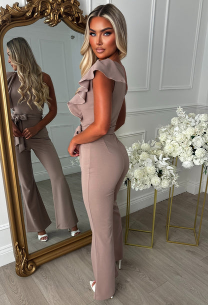 Rosabella Taupe One Shoulder Frill Front Jumpsuit