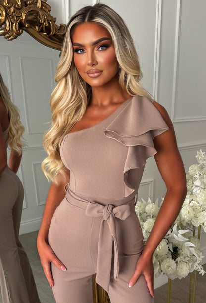 Rosabella Taupe One Shoulder Frill Front Jumpsuit