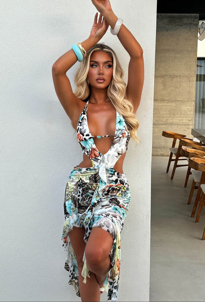 Safari Chic Multi Floral And Animal Print Cut Out Dress