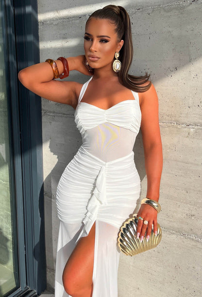 Santorini Seduction White Gathered Front Halter Maxi Dress