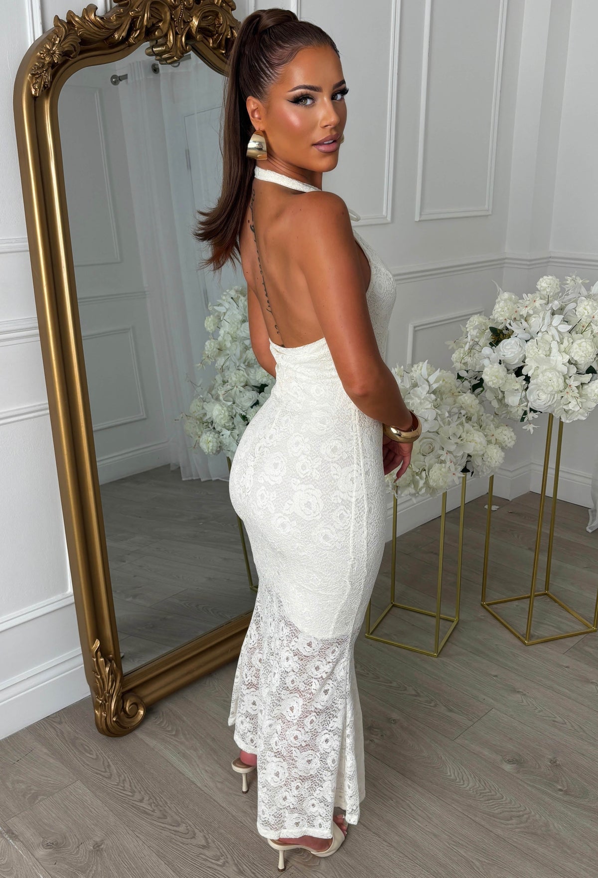 Secret Moments Cream Keyhole High Neck Lace Dress