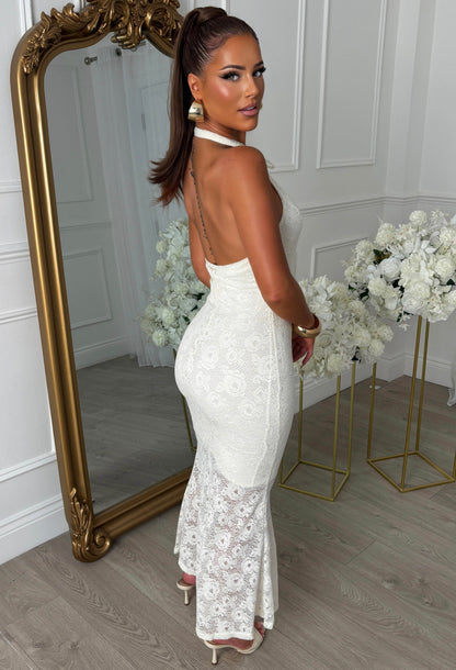 Secret Moments Cream Keyhole High Neck Lace Dress