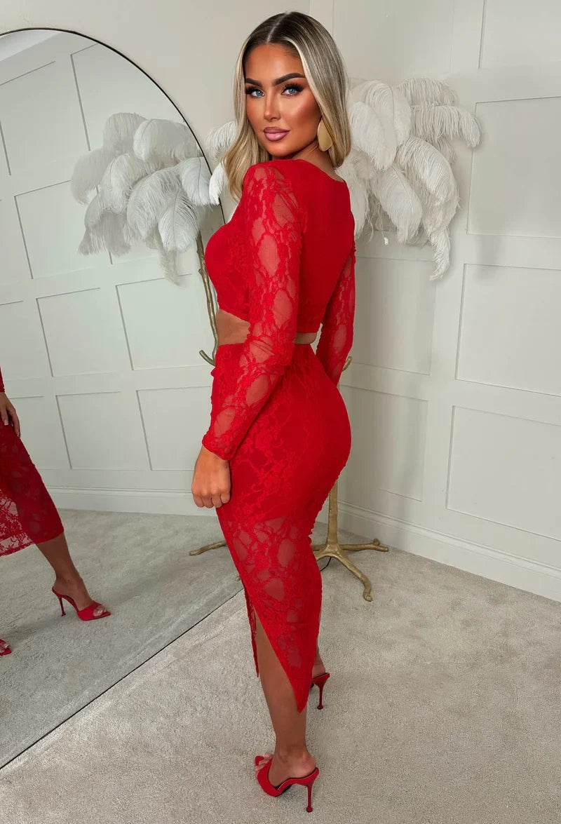 Secrets Exposed Red Lace Midi Skirt Co-ord Set