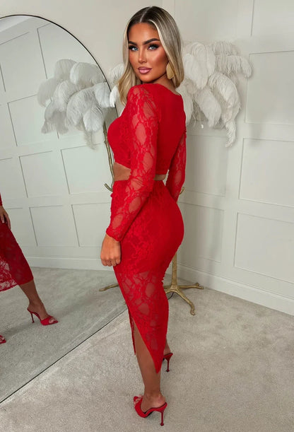 Secrets Exposed Red Lace Midi Skirt Co-ord Set