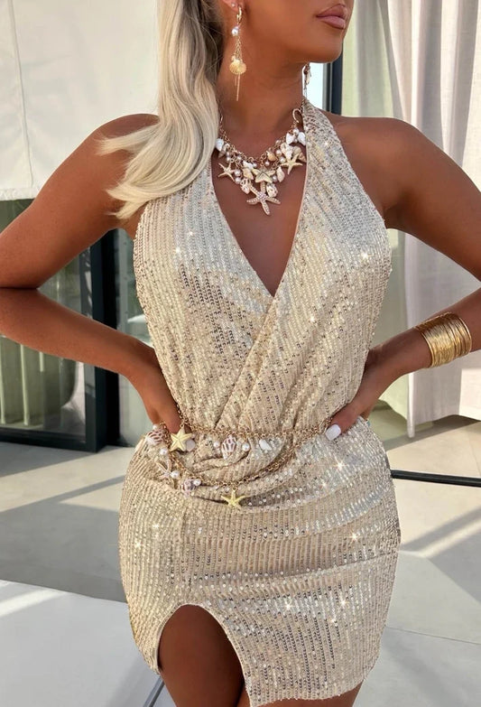 Sequin After Sunset Gold Crossover Front Sequin Mini Dress