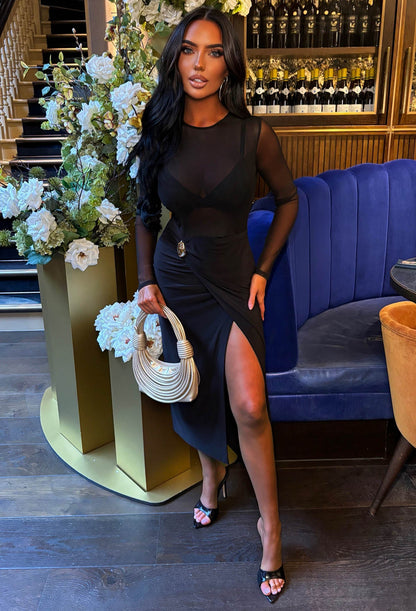 Sheer Deluxe Black Mesh Top Drape Midi Dress